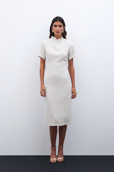 Sateen Rochie din tweed cu guler în culoarea pietrei