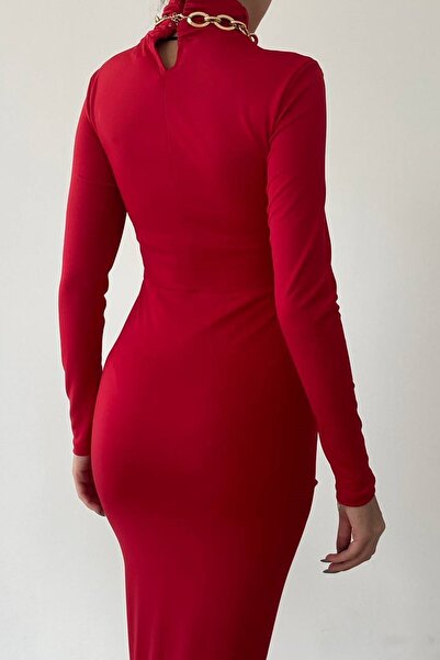 WOMAN VISION Kadın Esnek Kırmızı Sandy Kumaş Balıkçı Yaka Büzgü Tasarımlı Midi Abiye Elbise 315