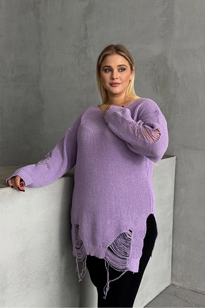 Stil Diva Plus Size Long Sleeve Crew Neck Ripped Detail Knitwear Sweater T-3