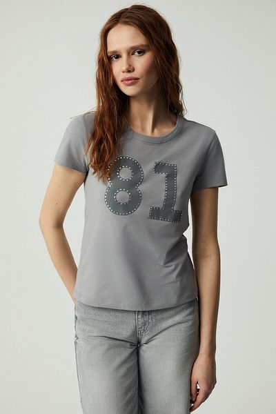 GRIMELANGE Since Women's Regular Printed Rhinestone Round Neck Light Gray T-Shirt