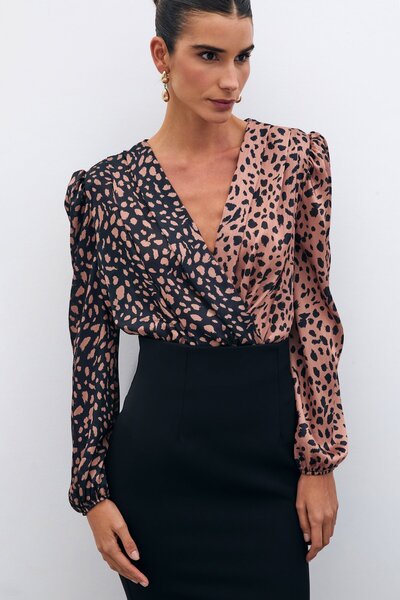 Sateen Kruvaze Desenli Bodysuit - Siyah-Camel