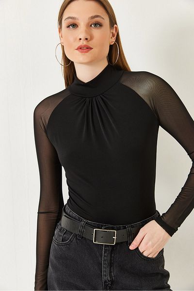 Bianco Lucci Women's Half Turtleneck Tulle Detailed Sandy Fabric Blouse 7187 60261335
