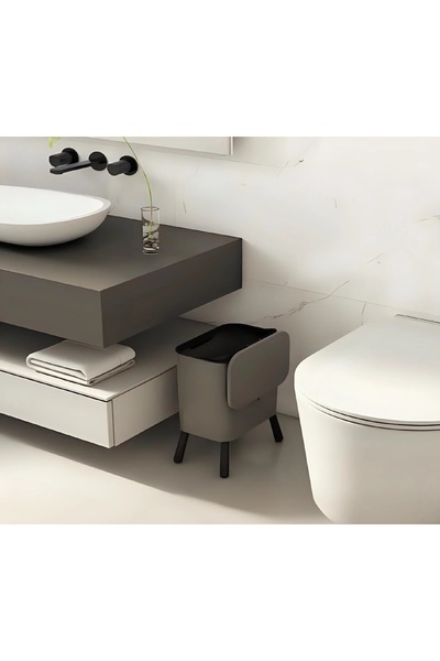 Dükkanönü Gray 15 Liter Pedestal Functional Bathroom and Kitchen Trash Can with Lid
