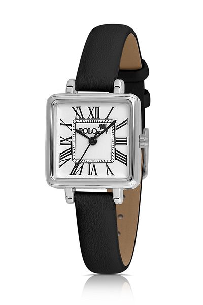 Polo Air Square Case Leather Band Women Wrist Watch Black-Silver Color Pl-1484B1X