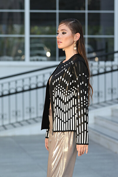 vaşak Hakiki Deri Çubuklu Siyah Beyaz Kadın Gömlek Ceketi - Deri ve Kumaş Kar...