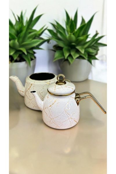 Bayev Elite Class White Cracked Marble Enamel Teapot Marble Pattern White Teapot Stylish Design