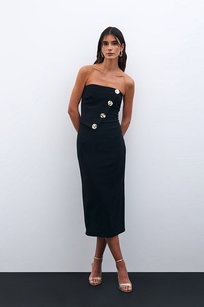 Sateen Rochie fără bretele cu accesorii cu nasturi - neagră