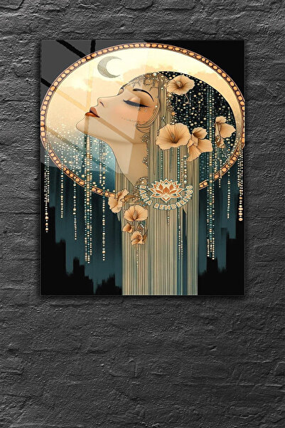 z zizuph Taşlı, Çiçekli Kadın Figürü, 4 mm Temperli Kırılmaz Cam Tablo