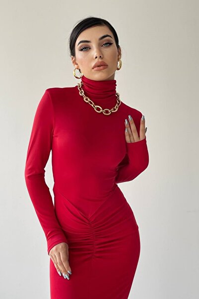 WOMAN VISION Kadın Esnek Kırmızı Sandy Kumaş Balıkçı Yaka Büzgü Tasarımlı Midi Abiye Elbise 315