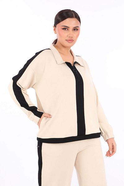 zitex Modal Fabric Tracksuit Set with Zippered Collar Side Stripe Adjustable Elastic Waist