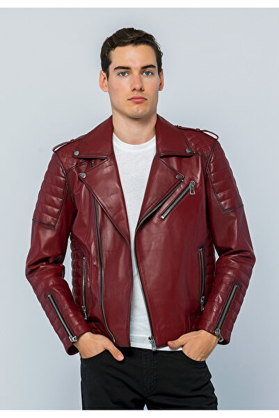 Basics&More سترة جلدية حقيقية باللون الأحمر الداكن للرجال من موتوكير - E6735