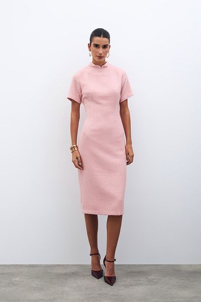Sateen Stand Collar Tweed Dress - Powder