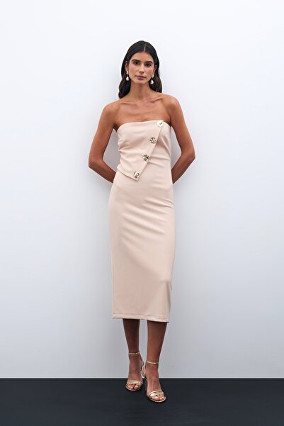 Sateen Rochie fără bretele cu accesorii pentru nasturi - bej