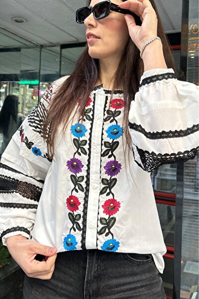 Ateilerdijle Vintage μπλούζα με μανίκια με μπαλόνι με λεπτομέρεια με κουμπιά με κουμπιά με λαιμόκοψη