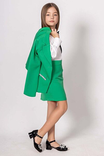 Riccotarz Κορίτσι Παιδί Diamond Stone Λεπτομερής Judge Collar Blazer Παλτό Μανίκια Πέτρινο Πουκάμισο με Κουμπιά Πράσινη Φούστα