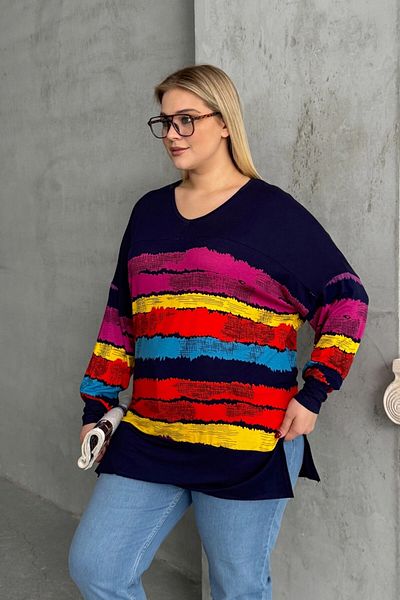 Stil Diva Plus Size V Neck Striped Side Slit Long Sleeve Blouse 303118