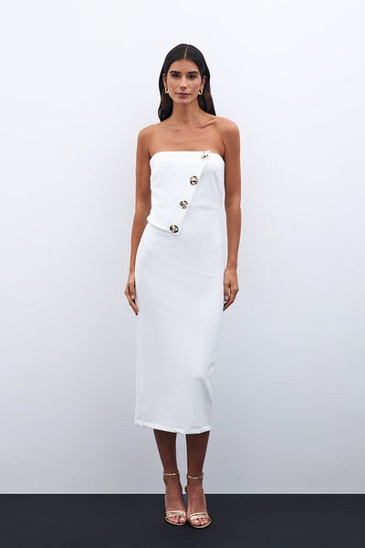 Sateen Strapless Dress with Button Accessories - Ecru