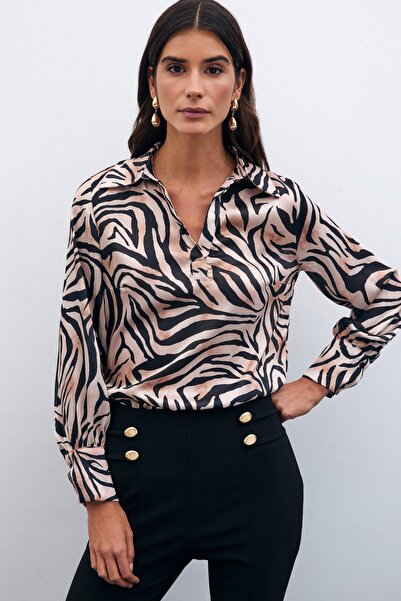 Sateen Desenli Gömlek Yaka Bluz - Siyah