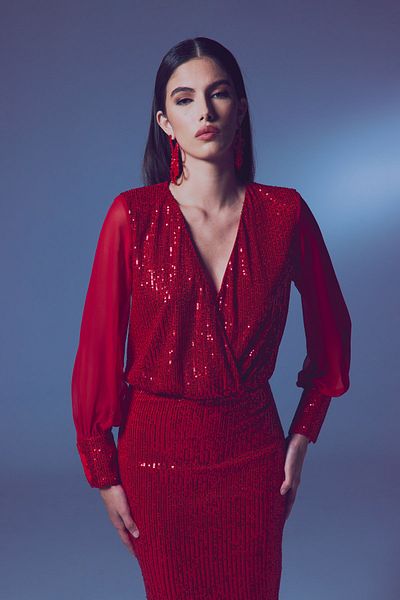 Sateen Bluză body cu mâneci din șifon - roșu