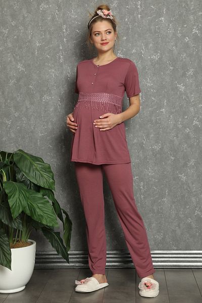 ERDENİZ TEKSTİL Maternity-Maternity Pajamas Set with Short Sleeve Viscose Fabric Button Collar