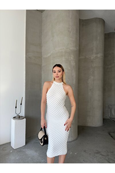 Gallogi Kadın Halter Yaka Petek Desen Dokulu Midi Boy Elbise