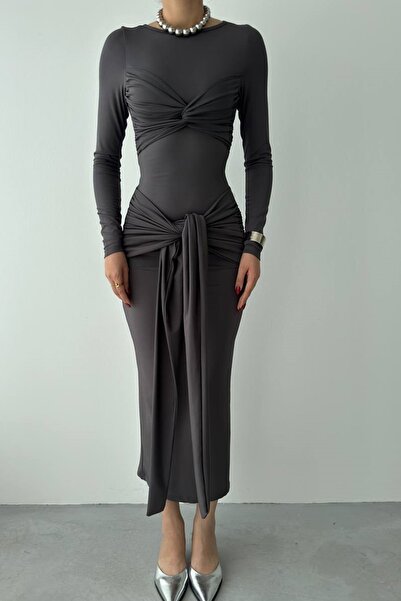 barış sülün lovebox Γυναικείο ελαστικό αμμώδες ύφασμα με κορδόνι και δέσιμο στη μέση Midi καπνιστό φόρεμα 311