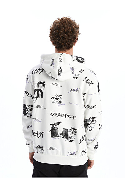 LC Waikiki Ανδρικό φούτερ με κουκούλα LCW Casual Ecru με μακριά μανίκια με τύπωμα