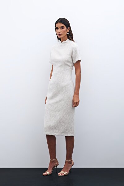 Sateen Φόρεμα Tweed με όρθιο γιακά σε χρώμα πέτρας