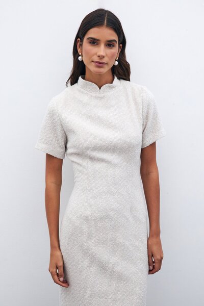 Sateen Φόρεμα Tweed με όρθιο γιακά σε χρώμα πέτρας