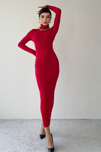 barış sülün lovebox Women's Stretchy Sandy Fabric Turtleneck Drawstring Detail Midi Red Dress 315