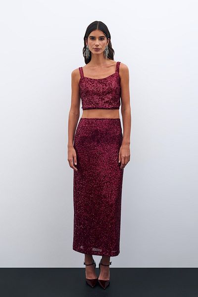 Sateen Zippered Karolin Midi Skirt - Claret Red