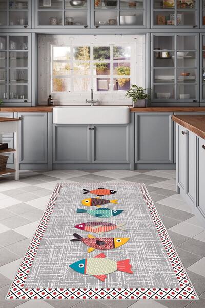 Zeria Home Kaymaz Taban Yıkanabilir Dijital Baskı Mutfak Halısı Halı Yolluk