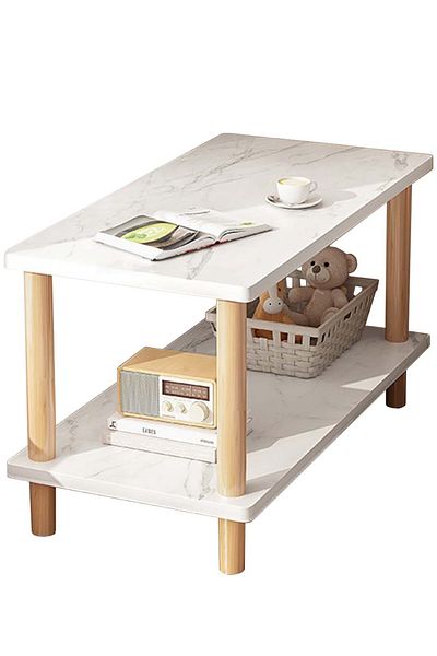 EqiEch Double-Tier End Table, No-Tool Assembly, MDF & Wood, White/Marble, 60x30x53cm