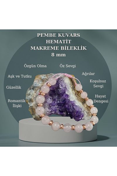Kadimdoğal Certified Natural Stone Pink Quartz & Hematite Macrame Braid Bracelet