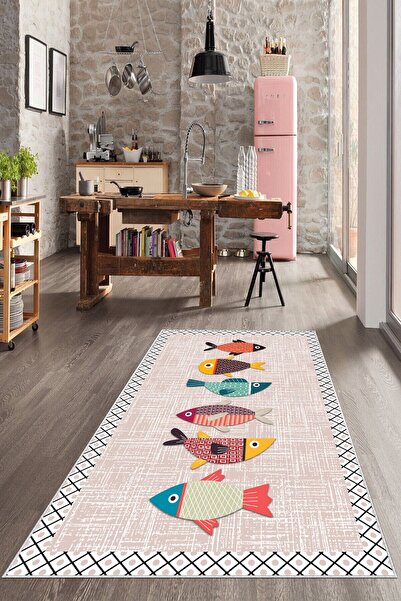 Zeria Home Kaymaz Taban Yıkanabilir Dijital Baskı Mutfak Halısı Halı Yolluk