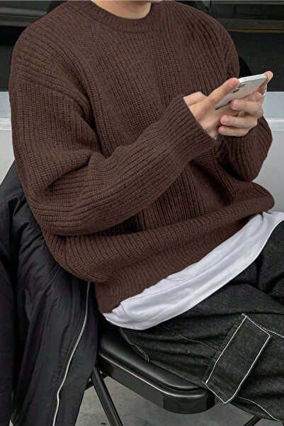 Tarz Cool Ανδρικά πλεκτά πλεκτά καφέ Regular Fit Crew Neck