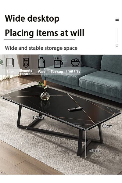 EqiEch Coffee Table Desk, Rectangular Light Luxury Tea Table, Steel Frame, Stylish & Stable，Black