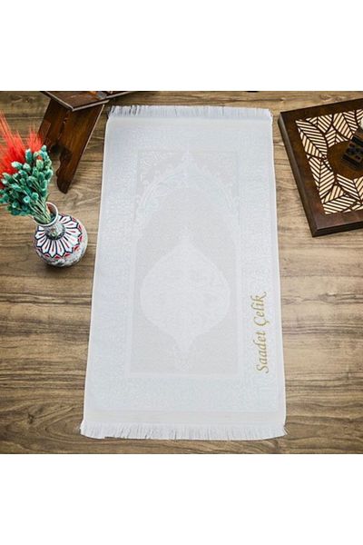 Asyabayrak 200 g We Embroider Your Name to the Prayer Rug, Personalized Gift Silk Nur Taffeta Prayer Rug Cream 68X110 cm