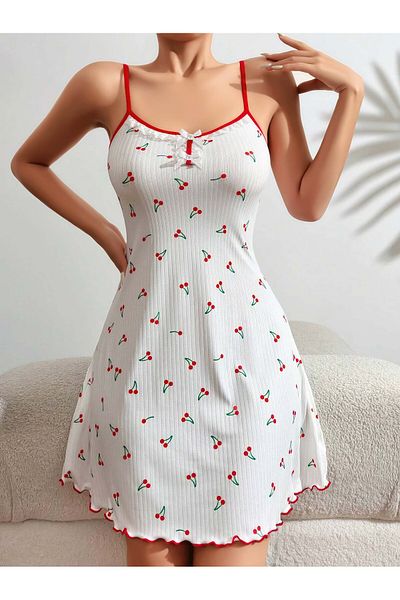 SÜSEN LİNGERİE Comfortable Quality White Women Nightgown with Cherry Pattern, Women Nightgown Dress with Hundred Percent Quality Cotton
