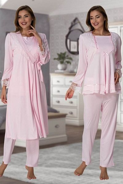 Pelin Women's Powder Long Sleeve Lace Maternity 3-Piece Pajamas Set