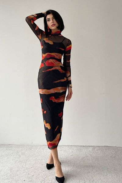 barış sülün lovebox Rochie midi pentru femei, cu model Tie-Dye, cu design căptușit, cu guler ridicat 316
