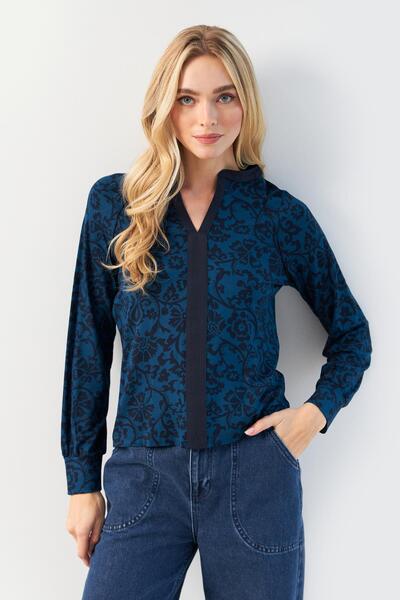 Hanna's by Hanna Darsa Lacivert Siyah Çiçek Desenli Uzun Kollu V Yaka Ortası ...