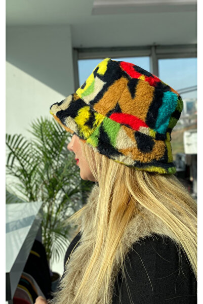 Mood Lab Kadın Renkli Desenli Peluş Kışlık Bucket Şapka Yumuşak Dokulu