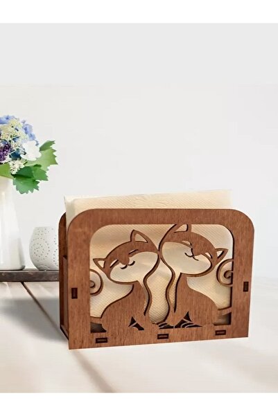 ouz dekor Walnut Colored Double Themed Wooden Decorative Cat Napkin Holder