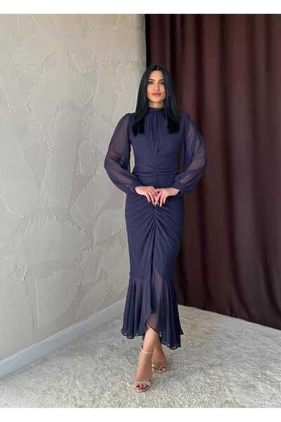 Elizar Moda فستان من الشيفون باللون الأزرق الداكن بأكمام طويلة وياقة واقفة