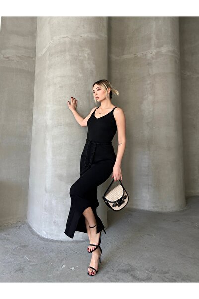 Gallogi V Yaka, Askılı Örgü Kemerli Maxi Triko Elbise