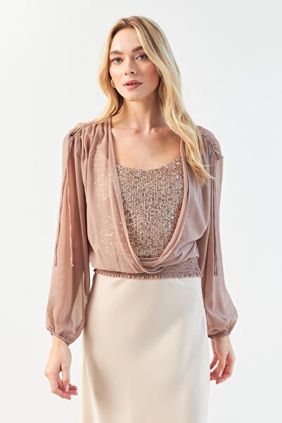 Hanna's by Hanna Darsa Kahverengi Dantel Uzun Kollu Kısa Bel Lastikli Çift Pu...