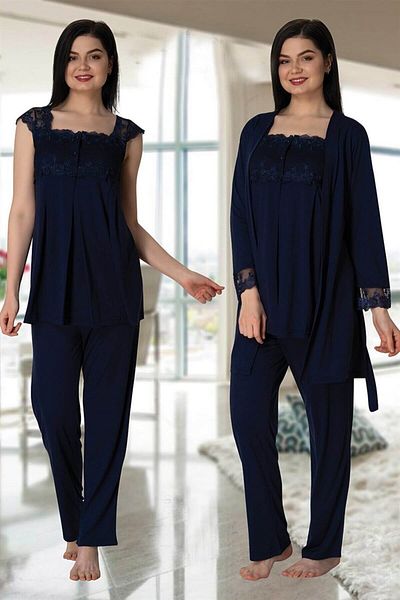 Pelin Women's Navy Blue Strap Lace Maternity Maternity 3-Piece Pajamas Set
