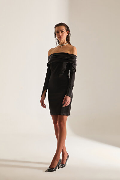 BETTY & SAM Sofia Düşük Omuz SİYAH Mini Nikah Elbisesi