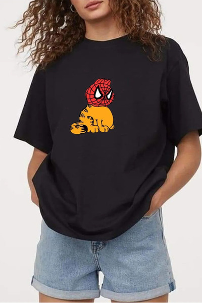 FECCY Tricou unisex negru din bumbac cu imprimeu SPIDERCAT